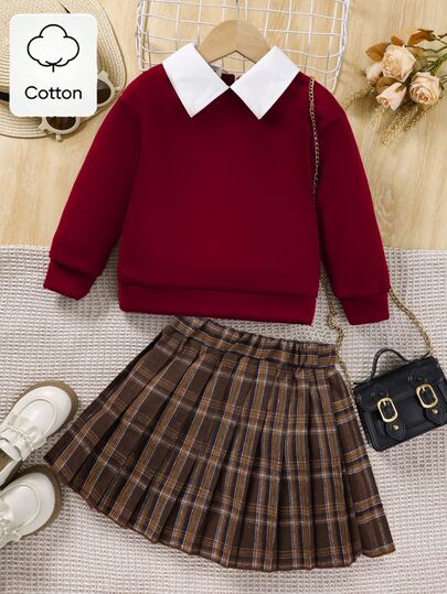 SHEIN Elladie kids 2件套女童休闲毛领卫衣和格子百褶裙套装，适合春秋季穿着
