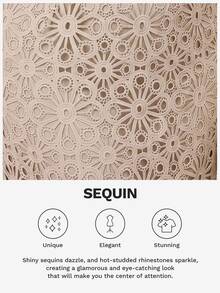 Reflora 大尺碼優雅蕾絲鏤空仿珍珠裝飾圓領連身裙 秋季 - 卡其色 - 查看 9