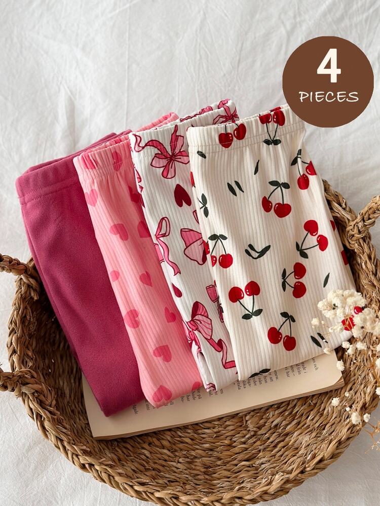 SHEIN Baby Girl Elastic Waist Casual Cute Unisex Daily Outing Long Pants ,4pcs Random Pieces From 5 Designs Pink Cherry Autumn - Multicolor - View 2