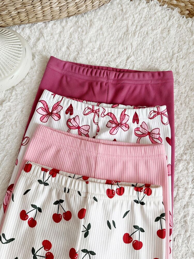 SHEIN Baby Girl Elastic Waist Casual Cute Unisex Daily Outing Long Pants ,4pcs Random Pieces From 5 Designs Pink Cherry Autumn - Multicolor - View 5