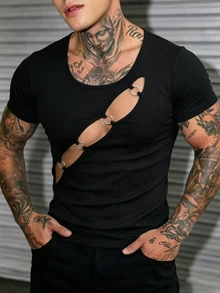 Manfinity Dauomo Men's Sexy Techno Cutout Fitted Short Sleeve Rave Black Summer - Black - View 5