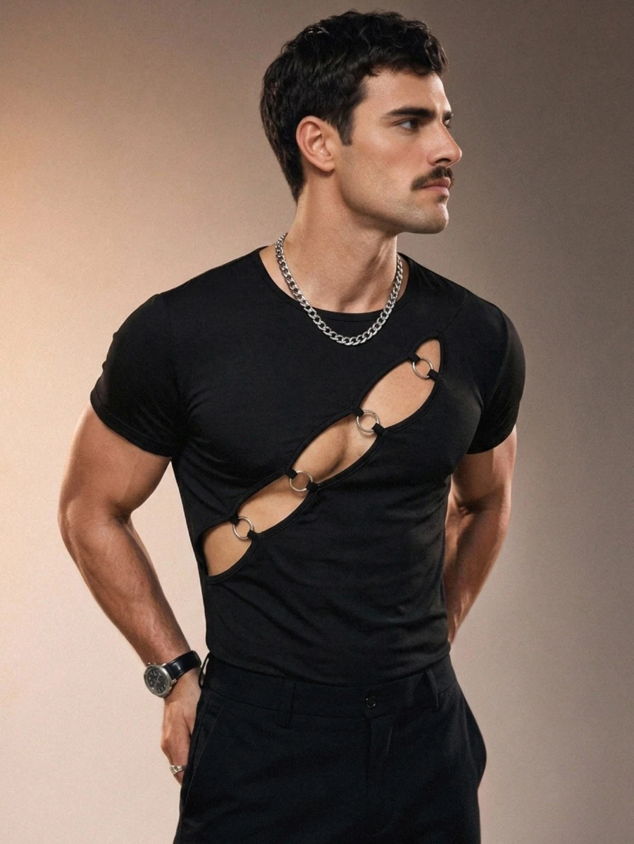 Manfinity Dauomo Men's Sexy Techno Cutout Fitted Short Sleeve Rave Black Summer - Black - View 1