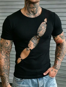 Manfinity Dauomo Men's Sexy Techno Cutout Fitted Short Sleeve Rave Black Summer - Black - View 6