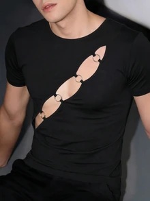 Manfinity Dauomo Men's Sexy Techno Cutout Fitted Short Sleeve Rave Black Summer - Black - View 3