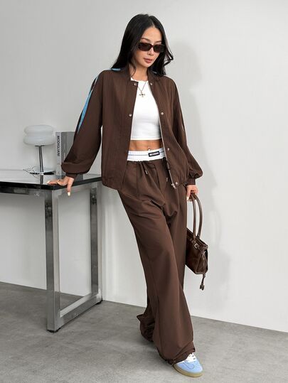 SHEIN PETITE جاكيت بيسبول نسائي مخطط بأكمام طويلة وأزرار أمامية، كاجوال فضفاض بحجم كبير، طقم رياضي، خريف/شتاء