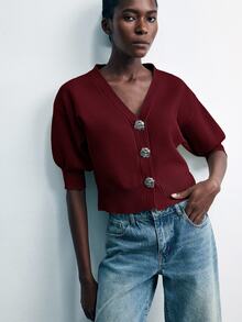 Maija Women's Solid Color Front Button Short Knit Cardigan, - Burgundy - View 6