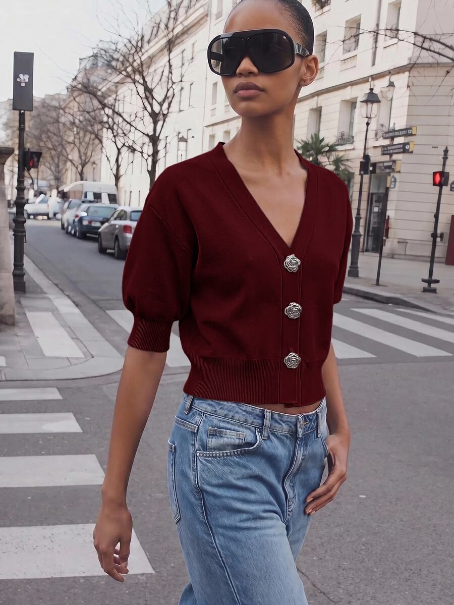 Maija Women's Solid Color Front Button Short Knit Cardigan, - Burgundy - View 1
