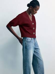 Maija Women's Solid Color Front Button Short Knit Cardigan, - Burgundy - View 5