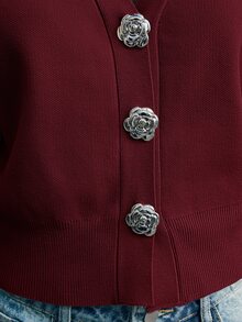 Maija Women's Solid Color Front Button Short Knit Cardigan, - Burgundy - View 7