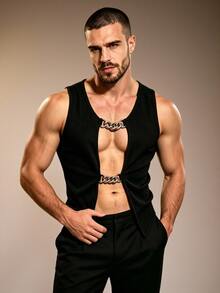 ZURIURI Men's Fashion Sexy Alien Metal Decor Tank Top Club Rave Black Summer - Black - View 5