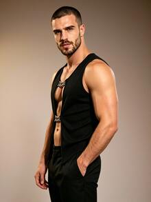 ZURIURI Men's Fashion Sexy Alien Metal Decor Tank Top Club Rave Black Summer - Black - View 4