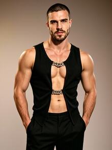 ZURIURI Men's Fashion Sexy Alien Metal Decor Tank Top Club Rave Black Summer - Black - View 2