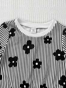SHEIN 女童 2 件組 針織條紋花卉圖案圓領運動衫與內搭褲套裝 - 黑與白 - 查看 6
