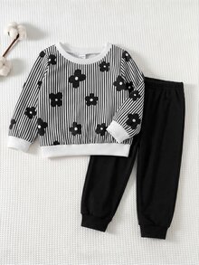 SHEIN 女童 2 件組 針織條紋花卉圖案圓領運動衫與內搭褲套裝 - 黑與白 - 查看 5