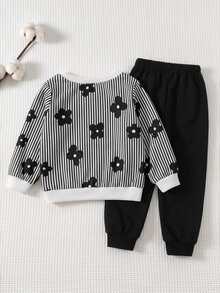 SHEIN 女童 2 件組 針織條紋花卉圖案圓領運動衫與內搭褲套裝 - 黑與白 - 查看 2