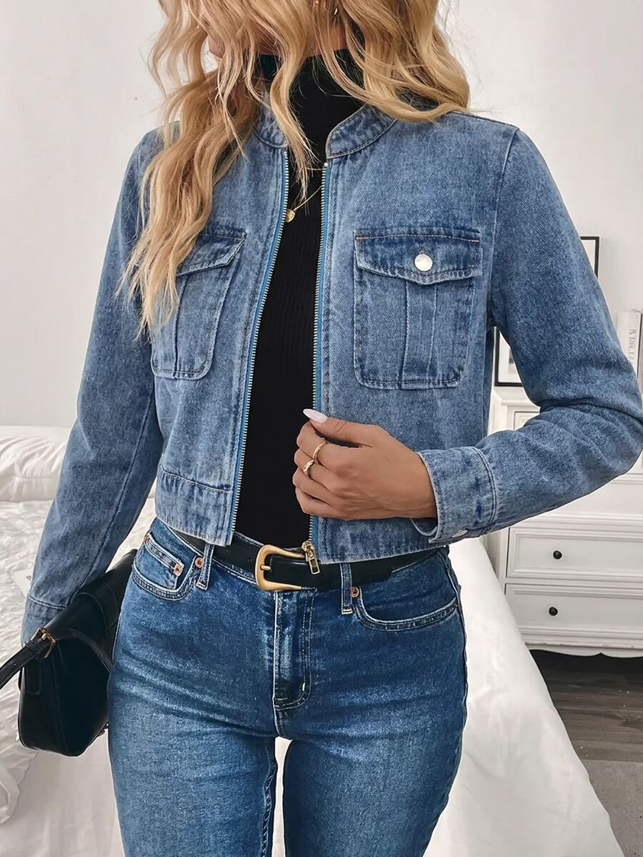 EMERY ROSE Women's Fashion Versatile Cropped Zipper Denim Utility Jacket - Blue - View 1