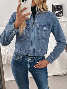 EMERY ROSE Women's Fashion Versatile Cropped Zipper Denim Utility Jacket - Blue - View 6