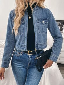 EMERY ROSE Women's Fashion Versatile Cropped Zipper Denim Utility Jacket - Blue - View 4