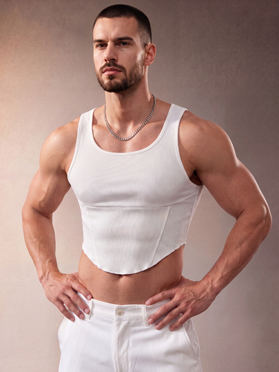 ZURIURI White Ribbed Curved Hem Cropped Tank, Y2K Streetwear, Summer, Club Night Daily Casual, Men Slim Fit