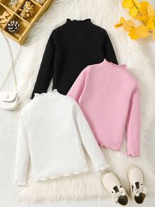 SHEIN Young Girl Solid Color Ruffle Collar Long Sleeve Casual T-Shirt 3pcs Random Pieces From 10 Designs - Multicolor - View 2