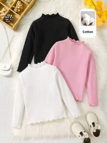 SHEIN Young Girl Solid Color Ruffle Collar Long Sleeve Casual T-Shirt 3pcs Random Pieces From 10 Designs - Multicolor - View 5