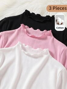 SHEIN Young Girl Solid Color Ruffle Collar Long Sleeve Casual T-Shirt 3pcs Random Pieces From 10 Designs - Multicolor - View 3