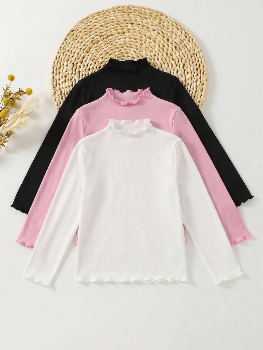SHEIN Young Girl Solid Color Ruffle Collar Long Sleeve Casual T-Shirt 3pcs Random Pieces From 10 Designs - Multicolor - View 1