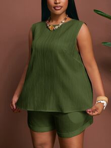 SHEIN CURVE+ 音樂節萬聖節裝扮復活節穿搭度假正式柔美優雅休閒女款無袖上衣短褲套裝 橄欖綠 夏季 - 軍綠色 - 查看 3