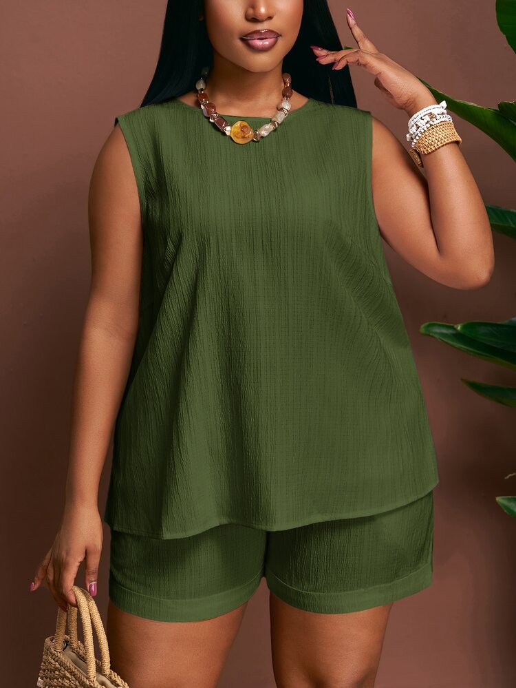SHEIN CURVE+ Music Festival Halloween Costume Easter Student Outfit Daily Wear Soft Form Elegant Casual Wear Business Casual Women's Sleeveless Top Shorts Set - Army Green - View 7