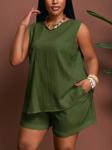 SHEIN CURVE+ 音樂節萬聖節裝扮復活節穿搭度假正式柔美優雅休閒女款無袖上衣短褲套裝 橄欖綠 夏季 - 軍綠色 - 查看 1