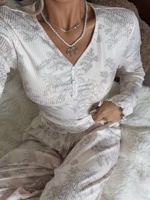 CottageSlumber Women's V-Neck Button Floral Print Knit Long Sleeve Pajama Set, Winter Clothes - Multicolor - View 3