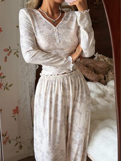 CottageSlumber Women's V-Neck Button Floral Print Knit Long Sleeve Pajama Set, Winter Clothes