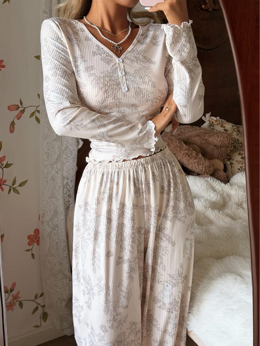 CottageSlumber Women's V-Neck Button Floral Print Knit Long Sleeve Pajama Set, Winter Clothes - Multicolor - View 1