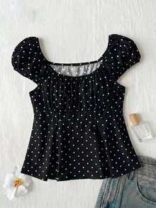 SHEIN 少女白色黑波點荷葉邊短袖領口T恤花卉上衣，適合度假、外出、旅行、上學及各種場合 - 黑色 - 查看 3