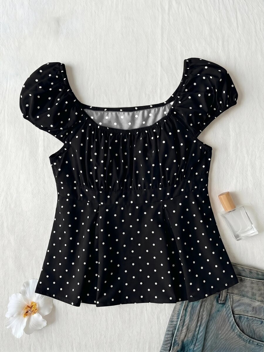 SHEIN 少女白色黑波點荷葉邊短袖領口T恤花卉上衣,適合度假、外出、旅行、上學及各種場合 - 黑色 - 查看 1