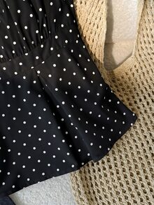 SHEIN 少女白色黑波點荷葉邊短袖領口T恤花卉上衣，適合度假、外出、旅行、上學及各種場合 - 黑色 - 查看 4