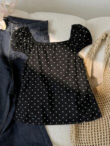 SHEIN 少女白色黑波點荷葉邊短袖領口T恤花卉上衣，適合度假、外出、旅行、上學及各種場合 - 黑色 - 查看 2