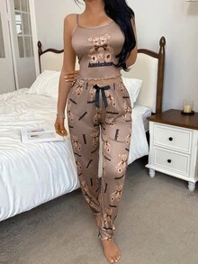 SHEIN 2件套可爱熊印花吊带上衣和裤子睡衣套装 - 彩色 - 查看 4