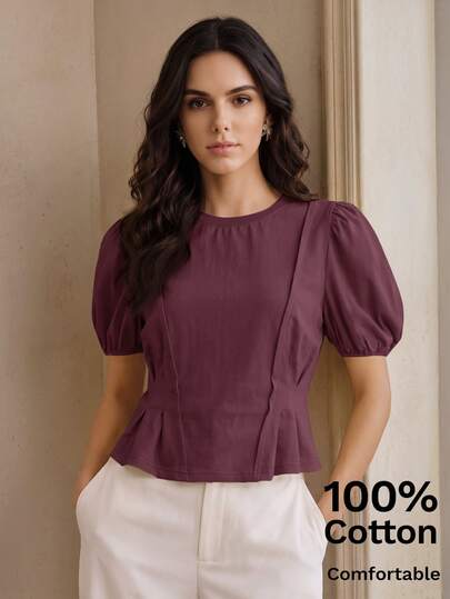 Anewsta Essential Summer Casual Elegant Outfit Solid Color 100 Cotton Round Neck Puff Short Sleeve Ruched Waist Design Women's T-Shirt Office Brunch Dark Purple