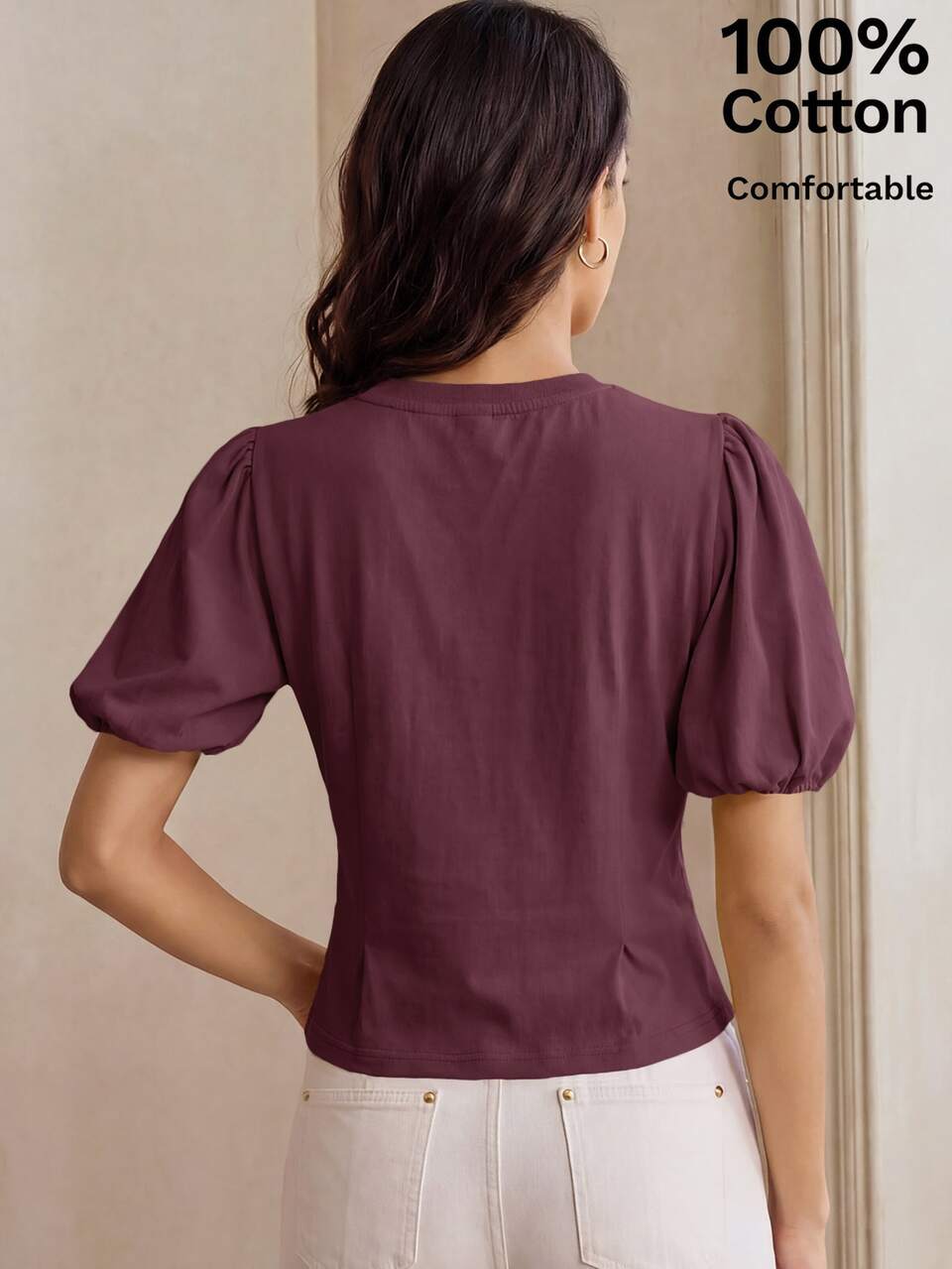 Anewsta Summer Casual Vacation Outfit Solid Color 100% Cotton Round Neck Puff Short Sleeve Ruched Waist Design Slimming Versatile Women's T-Shirt