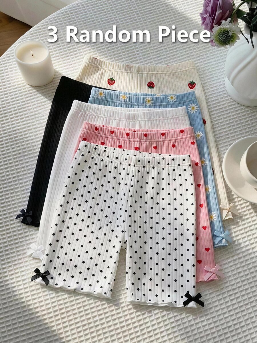 SHEIN 3 Random Piece Tween Girl Tween Girl 3pcs Knitted Shorts Set With Bow Decor And Polka Dot Print, Suitable For Vacation, Travel And Daily Wear - White - View 1