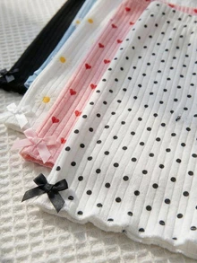 SHEIN 3 Random Piece Tween Girl Tween Girl 3pcs Knitted Shorts Set With Bow Decor And Polka Dot Print, Suitable For Vacation, Travel And Daily Wear - White - View 4