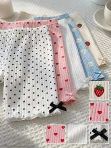 SHEIN 3 Random Piece Tween Girl Tween Girl 3pcs Knitted Shorts Set With Bow Decor And Polka Dot Print, Suitable For Vacation, Travel And Daily Wear - White - View 6