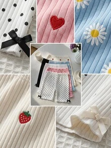 SHEIN 3 Random Piece Tween Girl Tween Girl 3pcs Knitted Shorts Set With Bow Decor And Polka Dot Print, Suitable For Vacation, Travel And Daily Wear - White - View 5