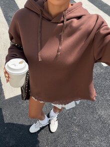 Muchica Chocolate Brown Light Grey Lace Hem Sweatshirt Women Y2K Preppy Casual Streetwear Party Everyday Vacation Festival Outfits School Fall - Brown - View 7
