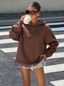 Muchica Chocolate Brown Light Grey Lace Hem Sweatshirt Women Y2K Preppy Casual Streetwear Party Everyday Vacation Festival Outfits School Fall - Brown - View 1