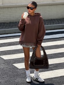 Muchica Chocolate Brown Light Grey Lace Hem Sweatshirt Women Y2K Preppy Casual Streetwear Party Everyday Vacation Festival Outfits School Fall - Brown - View 6
