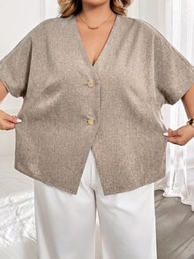SHEIN CURVE+ Plus Size Autumn Casual Solid Color Batwing Sleeve Open Collar Button Decor Shirt - Khaki - View 6