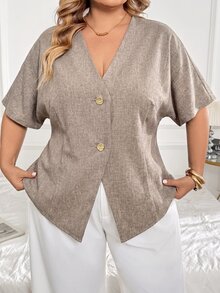 SHEIN CURVE+ Plus Size Autumn Casual Solid Color Batwing Sleeve Open Collar Button Decor Shirt - Khaki - View 1