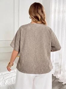 SHEIN CURVE+ Plus Size Autumn Casual Solid Color Batwing Sleeve Open Collar Button Decor Shirt - Khaki - View 2